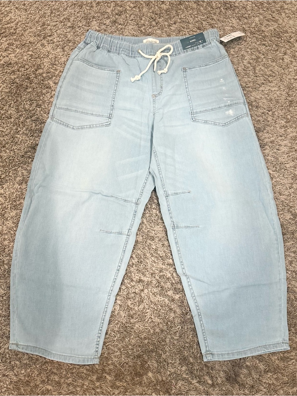 Maurices Barrel Jeans Medium Short Light Wash Pull On Drawstring NWT